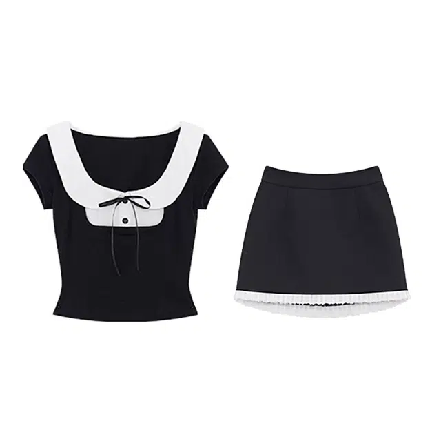 敲模女孩 法式赫本风假日千金设计感蝴蝶结撞色修身上衣高腰花边性感包臀短裙裙装套装 女款