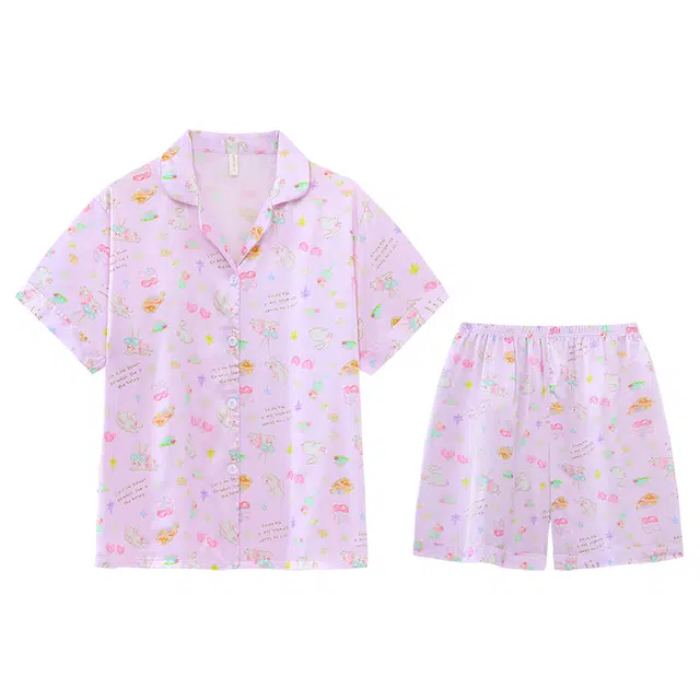 好福份 短袖卡通可爱图案满印夏季睡衣套装 女款