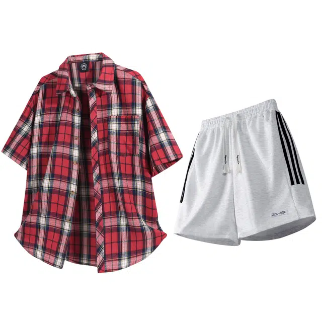 吾皇猫 日系格子潮流百搭高级感短袖上衣五分裤一整套穿搭衬衫套装 女款