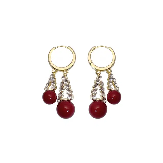 双生恋 酒红色镶锆耳扣小众设计感百搭时尚精致日常通勤约会耳饰轻奢高级感 铜 耳环 女款