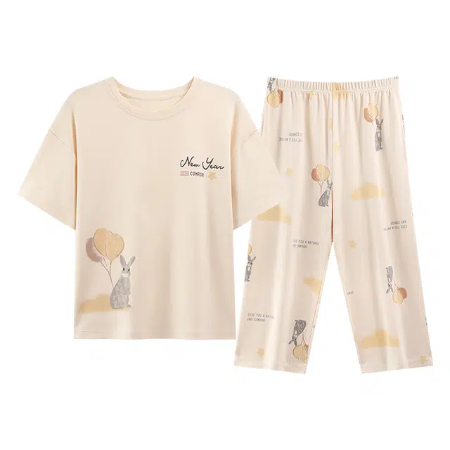 黛尔佳人 短袖七分裤亲肤舒适圆领韩版家居服睡衣套装 女款