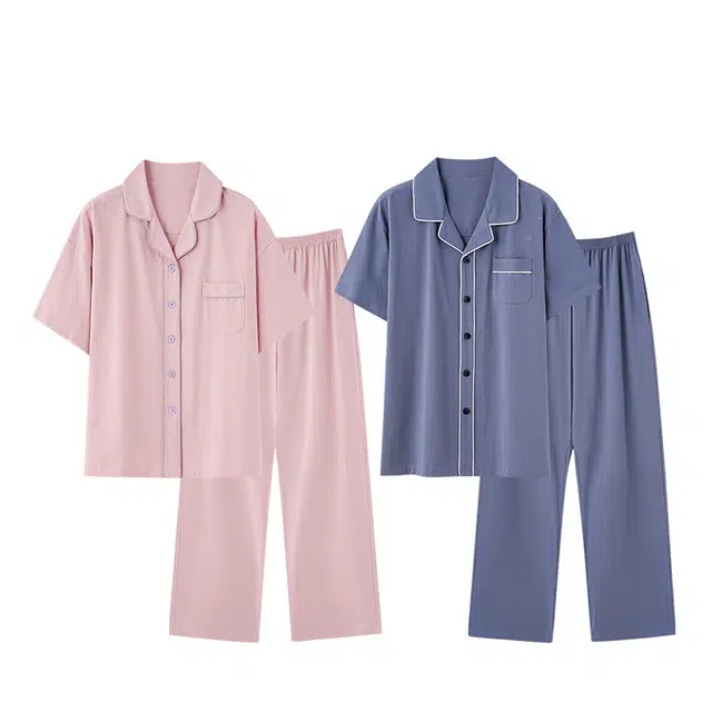 俏韵 翻领简约舒适短袖休闲长裤睡衣套装 男女同款