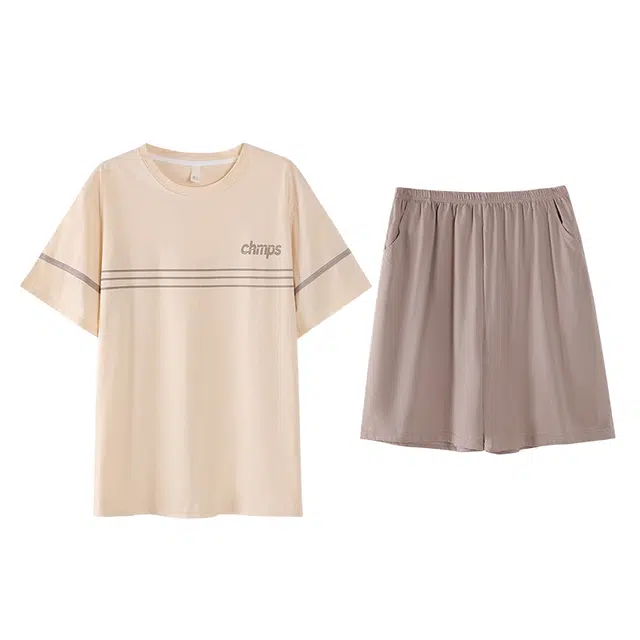 顶瓜瓜 韩式风短袖休闲舒适简约纯色条纹两件套家居服睡衣套装 男款