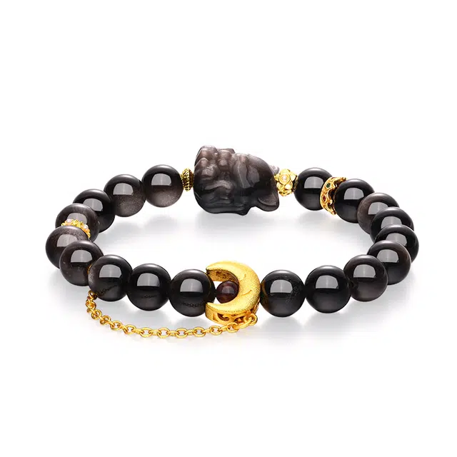 【黑耀旺财招福】 金六福吉祥 新中式国潮风祥瑞狐狸吉祥如意福运星月闪亮花朵造型 小众高级设计百搭#好运天然 黑曜石 手串 男女同款情侣款