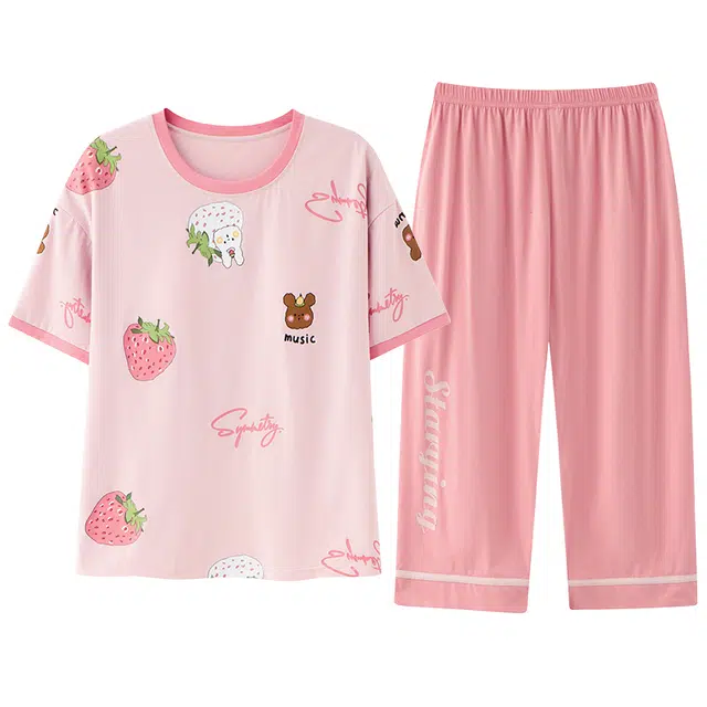 睦隆世家 圆领透气短袖七分裤家居服自带胸垫款睡衣套装 女款