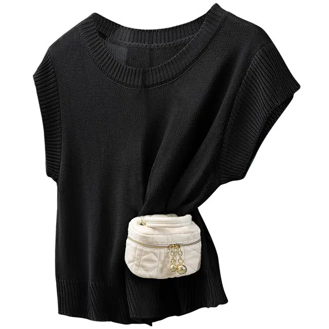 丝柏舍 小清新薄款圆领套头纯色短款通勤简约风短袖针织衫 女款