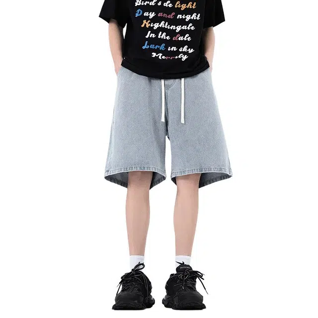 佐菲利 美式纯色简约五分直筒裤宽松水洗做旧牛仔短裤 男款