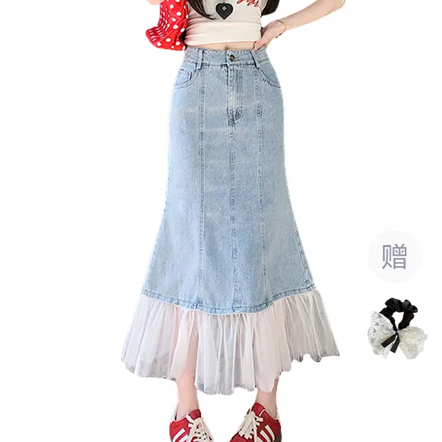 涂诗菲 韩系设计感网纱拼接牛仔半身裙减龄时尚百搭气质休闲长裙 女款