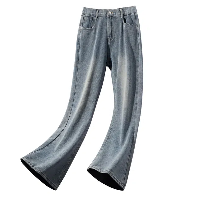 加菲猫家族 美式复古水洗做旧简约基础款宽松舒适休闲垂感纽扣设计日常通勤时尚百搭校园风微喇牛仔裤 男女同款