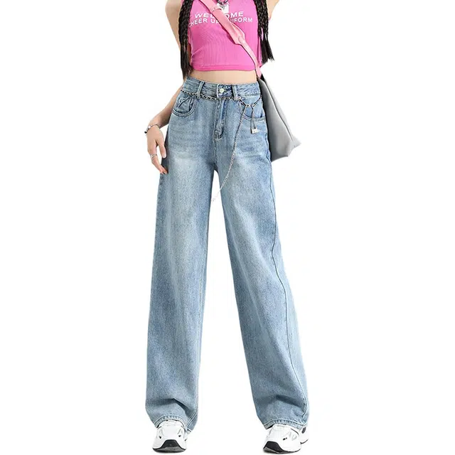 法文箱子 春季宽松休闲纯色高腰长裤牛仔裤 女款