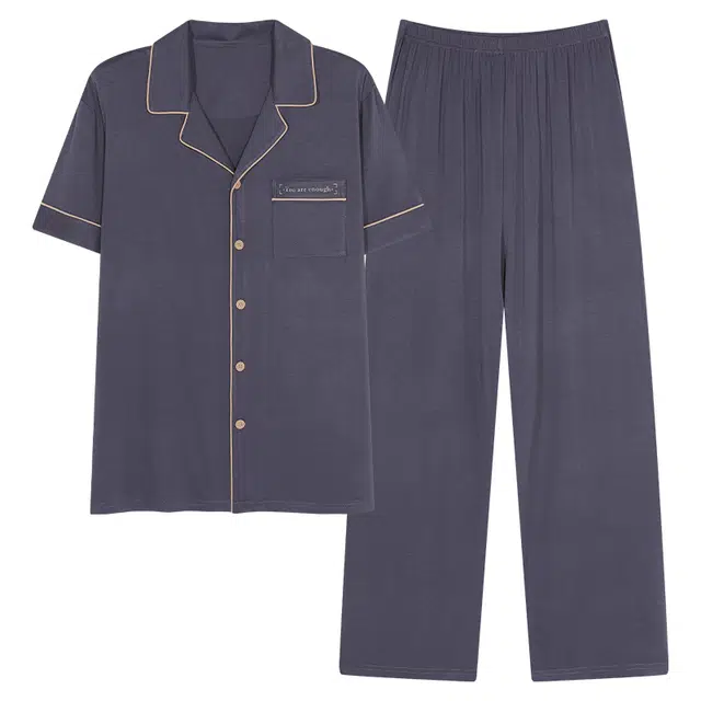 浮光岛屿 简约纯色柔软时尚高级感短袖长裤翻领家居服舒适亲肤透气可外穿睡衣套装 男款 礼盒装 藏青色