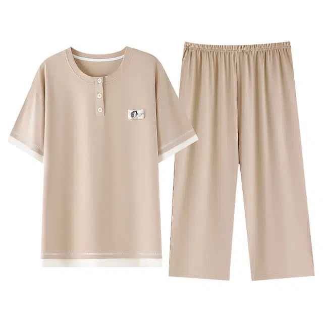睦隆世家 纯色短袖七分裤家居服薄款可外穿睡衣套装 女款