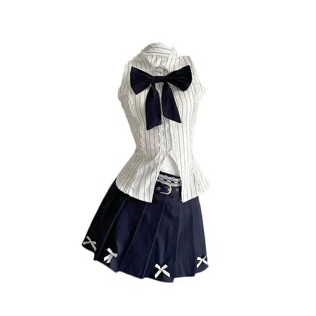 敲模女孩 甜美学院风挂脖蝴蝶结衬衫无袖开叉上衣高腰蝴蝶结装饰百褶短裙裙装套装 女款