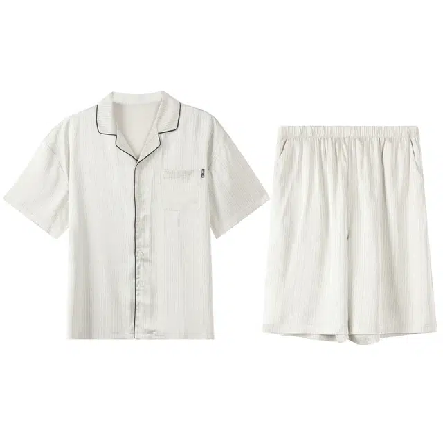 顶瓜瓜 短袖翻领开衫冰凉感休闲条纹家居服夏季睡衣套装 男款