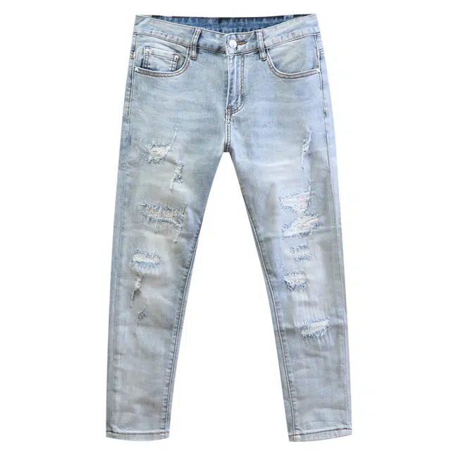 吉肯蒂 高端浅色九分裤子潮牌破洞男士牛仔裤 男款