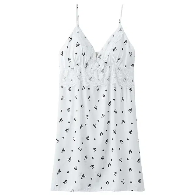 俏佳人 性感带胸垫冰丝吊带纯欲风爱心蕾丝凉感透气亲肤家居服睡裙 女款