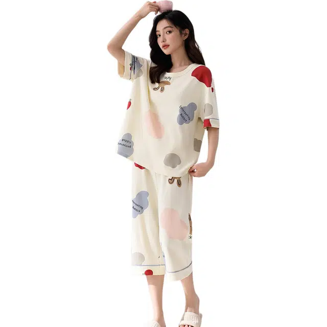 北极绒 短袖七分裤印花常规袖圆领休闲夏季睡衣套装 女款