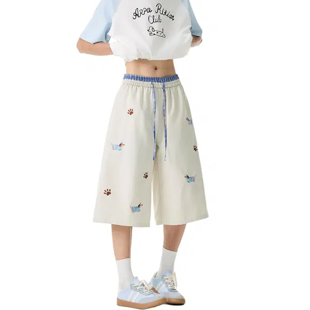 寻星记 美式腊肠小狗刺绣格子拼接运动沙滩卡通图案凉感透气户外通勤百搭宽松痞帅运动七分休闲短裤 男女同款