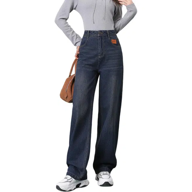 法文箱子 春季显瘦休闲纯色直筒高腰长裤牛仔裤 女款