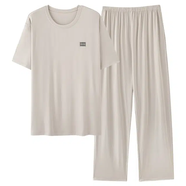 莫代尔 时尚轻盈透气柔软圆领套头休闲简洁舒适个性百搭细腻短袖长裤两件套家居服可外穿睡衣套装 男款