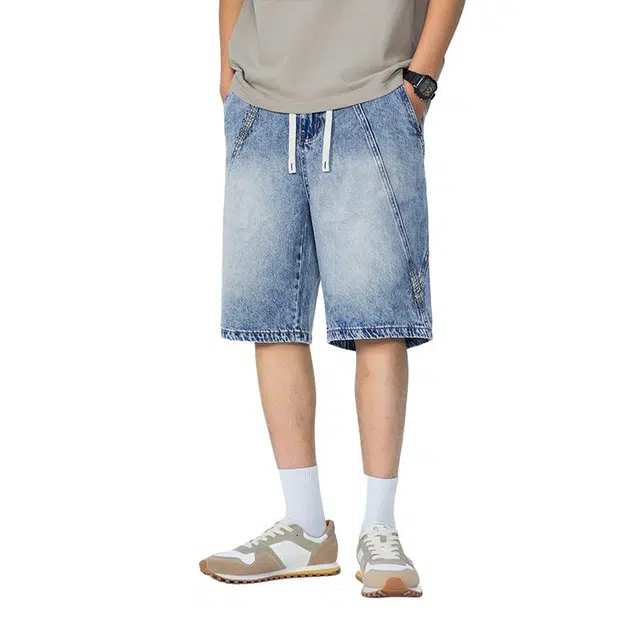 【dme】 美式高街水洗刺绣基础款纯色宽松直筒阔腿休闲五分牛仔短裤 男女同款