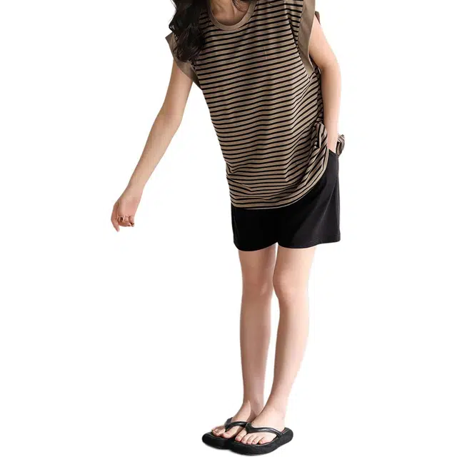 北极绒 无袖夏季薄款条纹无圆领宽松简约风,休闲短裤,套头睡衣套装 女款