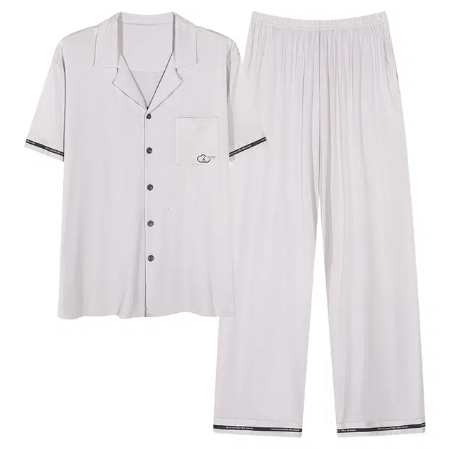 浮光岛屿 简约纯色优雅高级感短袖长裤翻领家居服舒适亲肤透气可外穿睡衣套装 男款 礼盒装 浅灰色