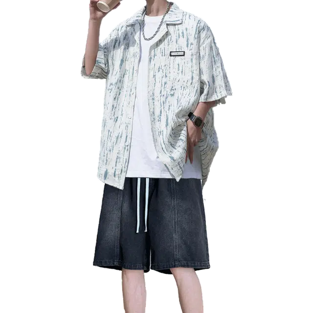 费尔岛上的猫 多风格宽松舒适百搭扎染翻领休闲短袖衬衫 男款