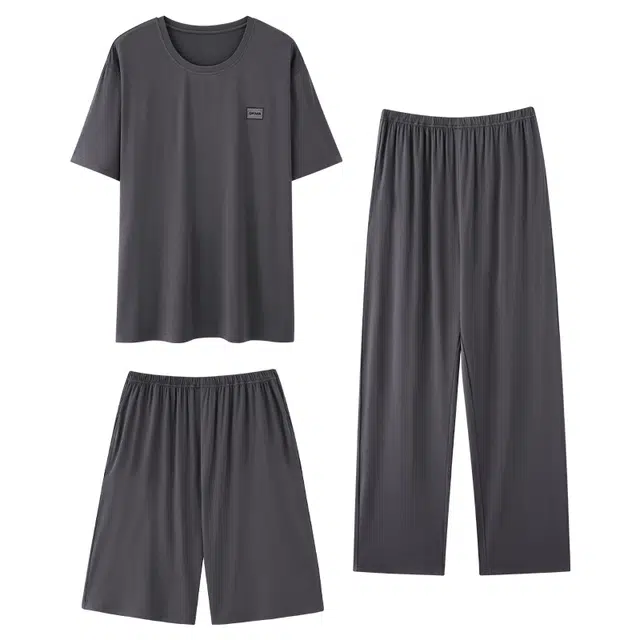 俏韵 莫尔代短袖三件套舒适透气家居服睡衣套装 男款