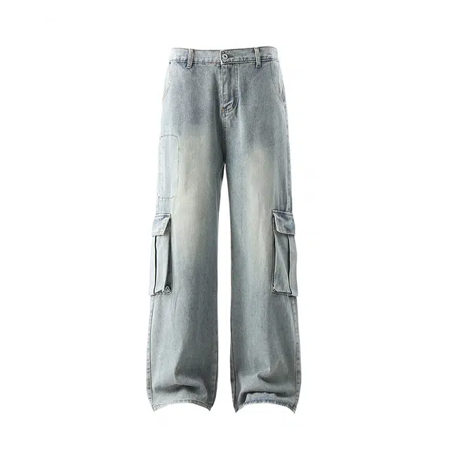 欧路得 复古做旧工装美式水洗大口袋拖地长裤潮牌宽松牛仔裤 男款