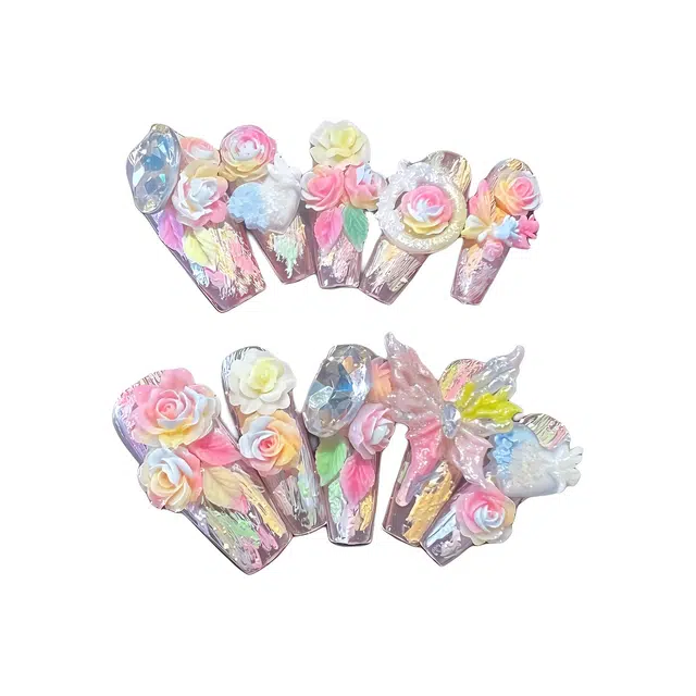 计轩 夏季多巴胺纯手绘清新显白花朵温柔雕花清透高级炫雅风  穿戴甲 长款玫瑰晕染 纯欲