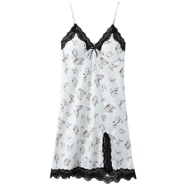 俏佳人 性感带胸垫吊带纯欲风蝴蝶开衩蕾丝边凉感透气家居服亲肤睡裙 女款