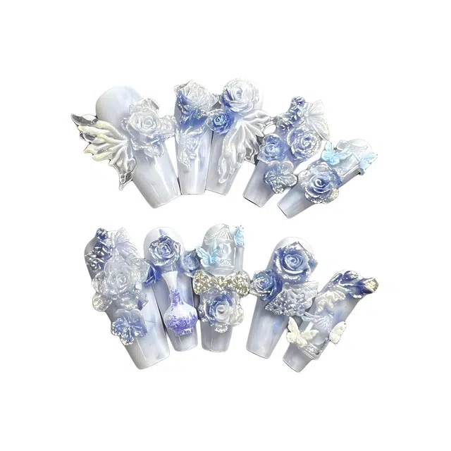 计轩 纯手工雕花水晶蝴蝶新中式古风奢华浮雕玫瑰  穿戴甲 长款蓝色渐变 纯欲