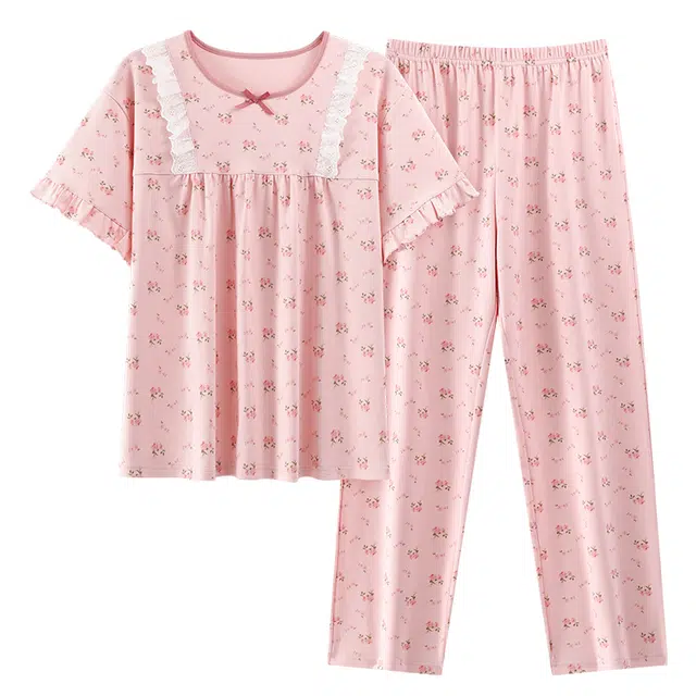 睦隆世家 卡通蕾丝蝴蝶结短袖家居服长裤夏季睡衣套装 女款