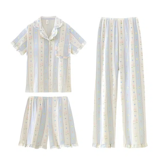 夏芬妍 柔软舒适条纹郁金香碎花云朵棉翻领开衫带胸垫家居服亲肤休闲短袖三件套时尚可外穿睡衣套装 女款 淡蓝色