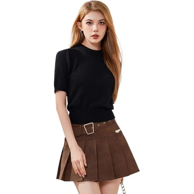 法文箱子 泡泡袖简约优雅纯色五分袖圆领常规针织衫 女款