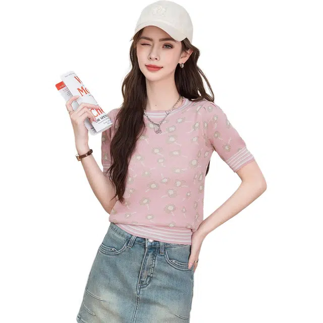 法文箱子 气质减龄时尚植物花卉泡泡袖短袖圆领常规针织衫 女款