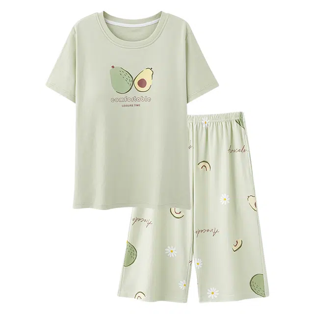 俏韵 随行系列 甜美牛油果短袖七分裤带胸垫家居服可外穿夏季睡衣套装 女款