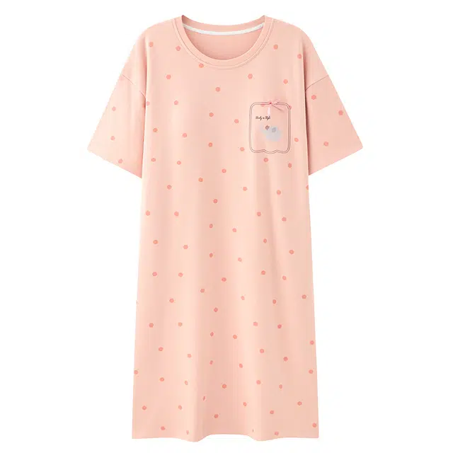 睦隆世家 短袖中长款带胸垫一体宽松圆点睡裙 女款