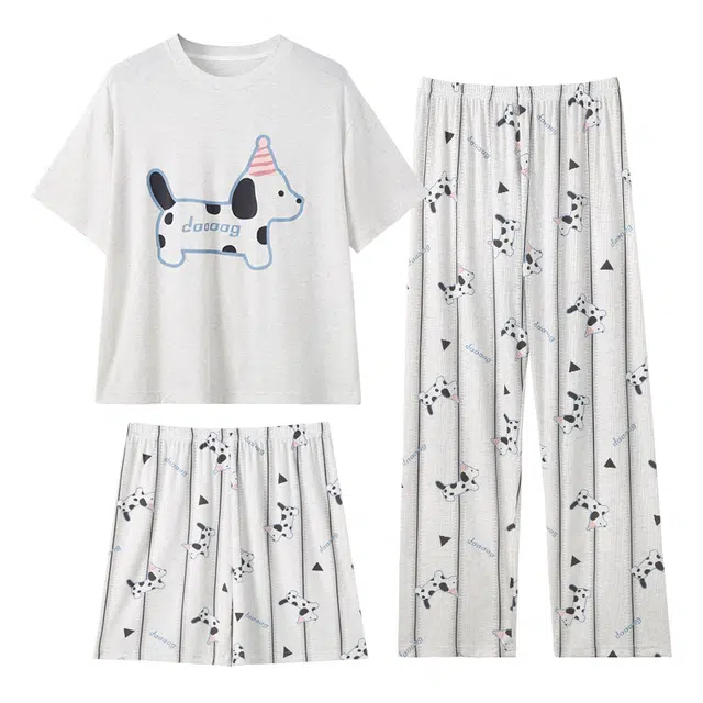 俏韵 夏季萌新系列 舒适圆领卡通甜美家居服可外穿短袖长裤睡衣套装 女款