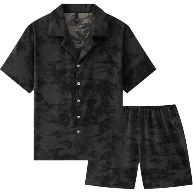 俏韵 凉感纯色短袖小翻领三分裤睡衣套装 男款