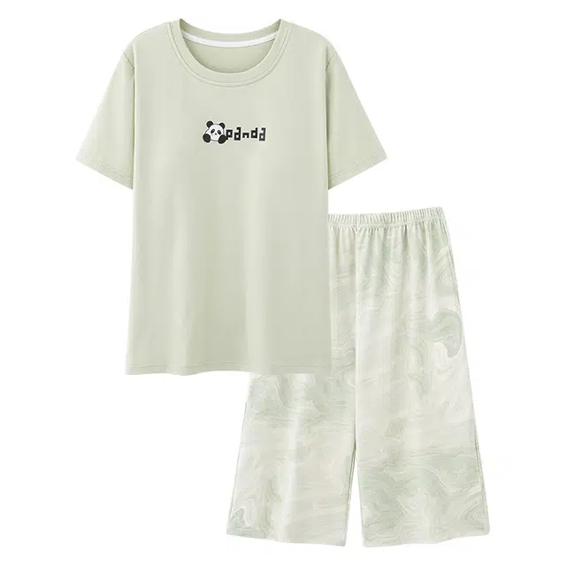 俏韵 随行系列 卡通熊猫短袖带胸垫家居服可外穿睡衣套装 女款