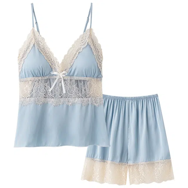 俏佳人 性感带胸垫无袖吊带镂空蕾丝凉感透气亲肤纯色家居服睡衣套装 女款