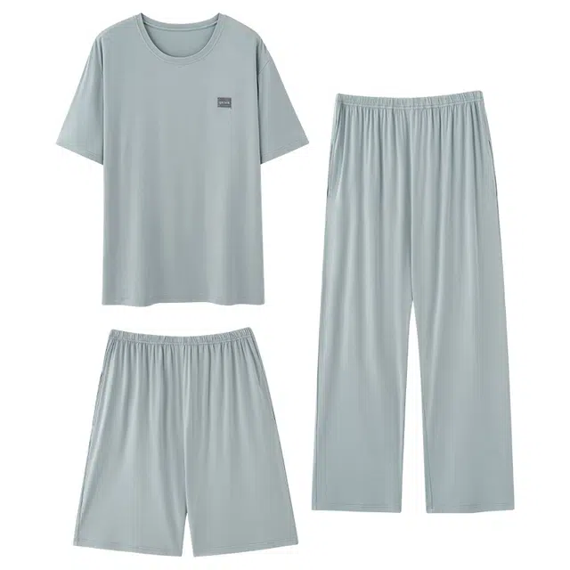 莫代尔 耐磨耐穿舒适圆领韩版个性时尚气质轻柔细腻短袖长裤家居服可外穿睡衣套装 男款