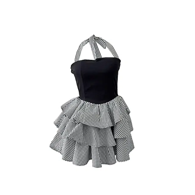 敲模女孩 美式纯欲风辣妹挂脖抹胸收腰格纹拼接蛋糕层次蓬蓬吊带连衣裙 女款