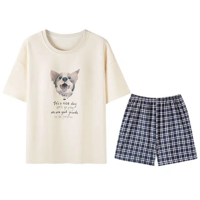 向薇 圆领卡通印花简约亲肤短袖休闲家居服睡衣套装 女款