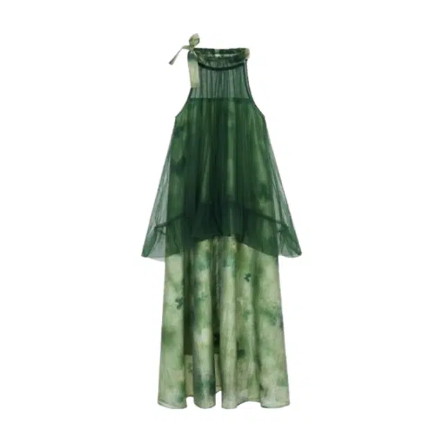 费尔岛上的猫 新中式宽松高腰系带假两件网纱裙无袖连衣裙 女款