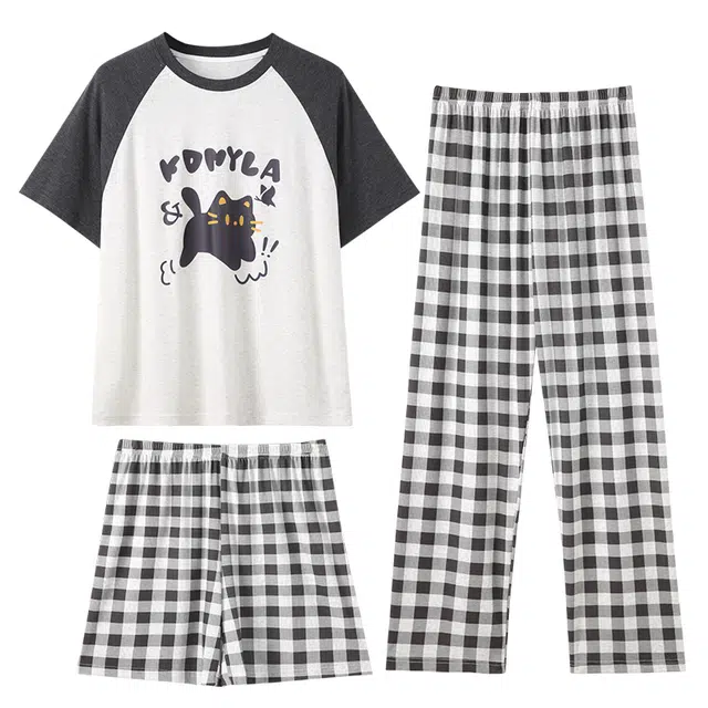 俏韵 圆领卡通小猫甜美短袖格子舒适家居服可外穿睡衣套装 女款