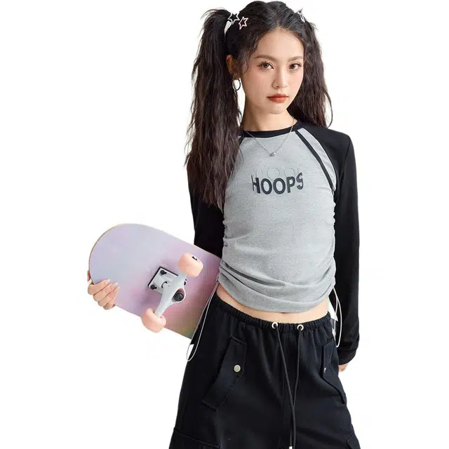 法文箱子 时尚洋气休闲纯色插肩袖长袖圆领修身截短上衣 女款