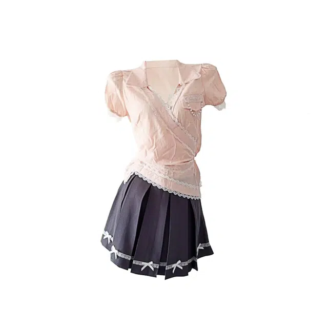 敲模女孩 甜美学院风小众设计不规则收腰修身上衣高腰蝴蝶结百褶短裙裙装套装 女款